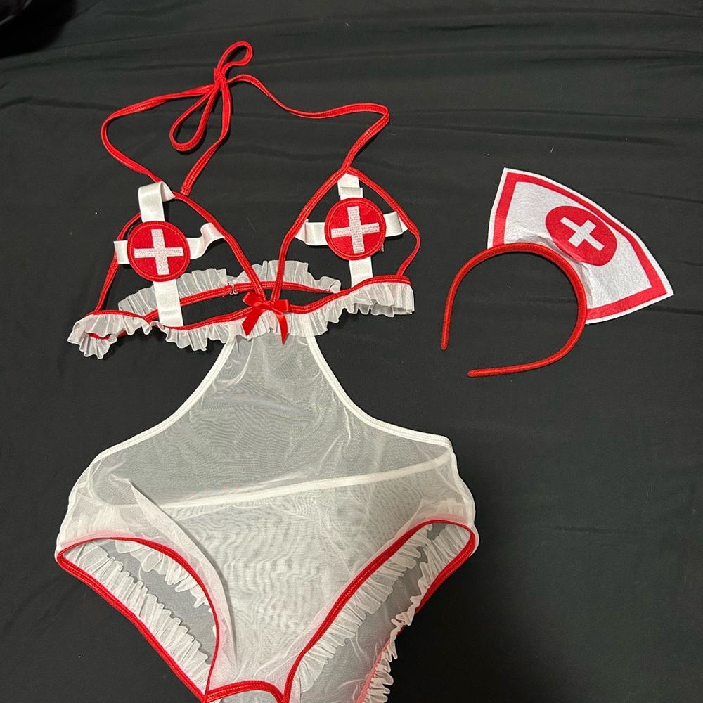 Sheer Nurse Costume Lingerie Set in White and Red